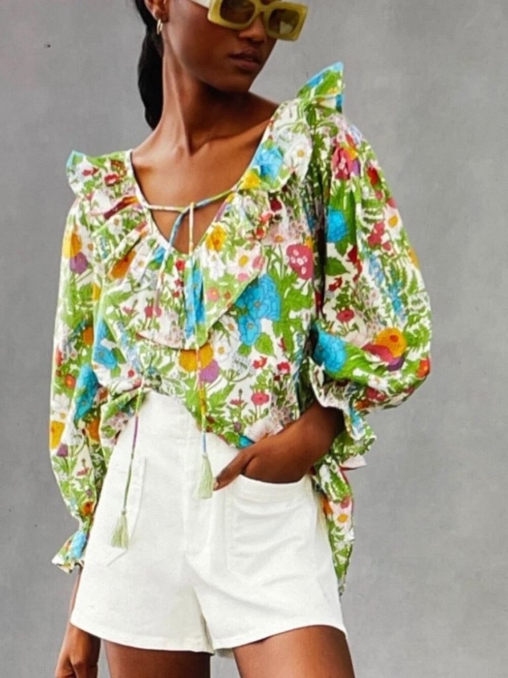 Anthropologie Mille May Top Blouse Multicolor Floral Ruffle Size XXS